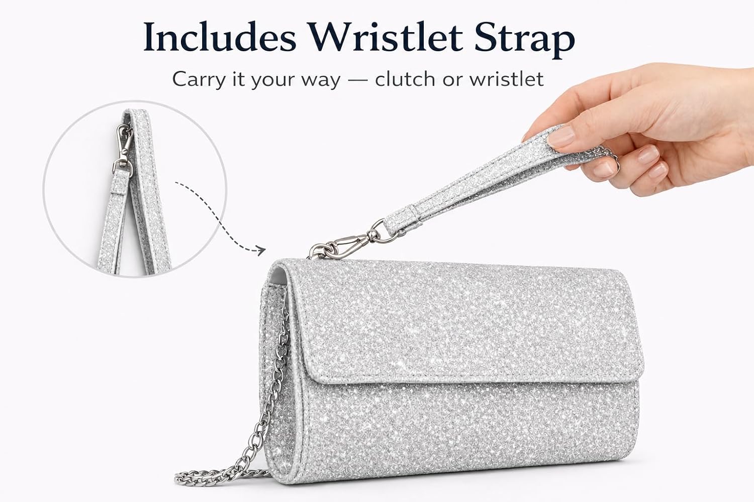 Silver Evening Clutch Purse for Women – Glitter Clutch with Chain & Wristlet Strap, Formal Bag for Wedding, Party, Black Tie Events