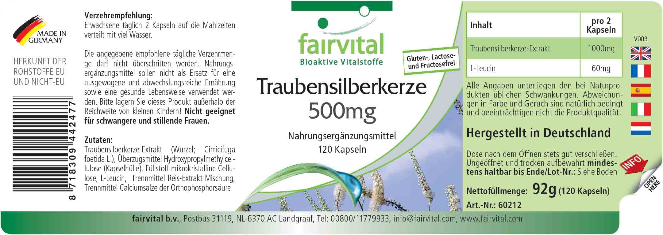 fairvital Capsule di cimicifuga 500mg, 120 capsule, 1000mg per dose giornaliera, Cimicifuga, qualità garantita e dosaggio elevato, 100% vegano, Prodotto in Germania