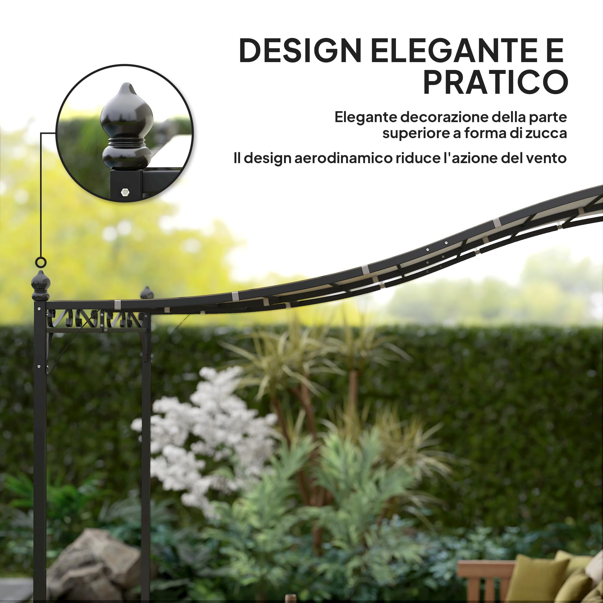 Outsunny Pergola Addossata 2.5x3m con Design Curvo e 16 Fori di Drenaggio, Gazebo Pergolato da Giardino in Metallo e Poliestere con Viti, per Esterno, Terrazza e Patio, Protezione UV, Crema