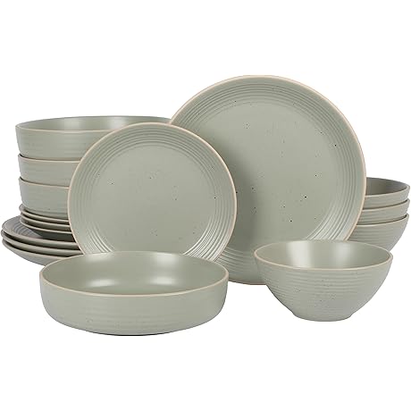 Gibson Home Dinah Stoneware Embossed Dinnerware Set with Pasta Bowls - Sage Green