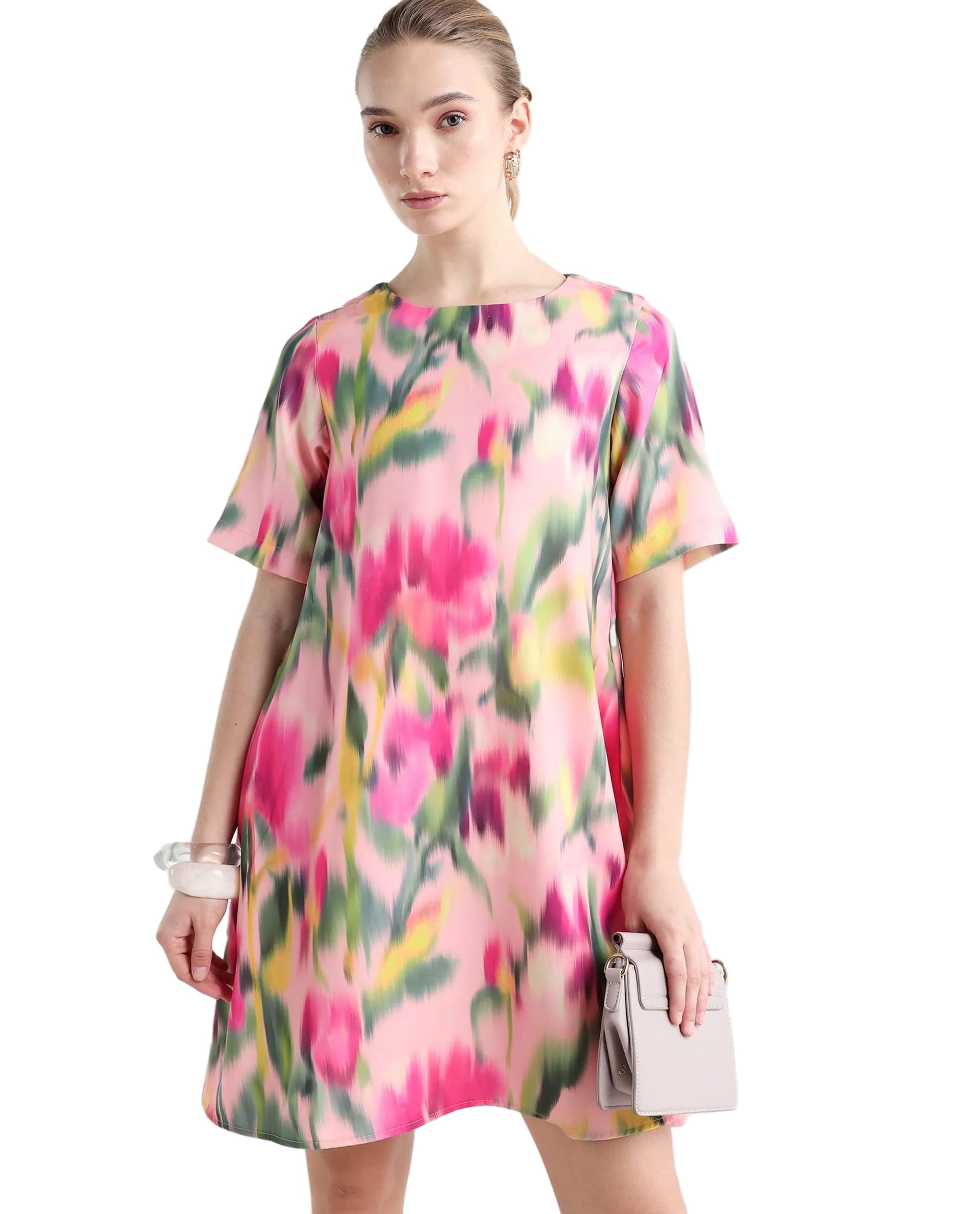 A-Line Floral Light Pink Polyester Blend Round Neck Short Sleeve Dress-image-40