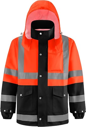 iCreek Reflective High Visibility Safety Jacket,Safety Rain Jacket with Hood,Lightweight Workwear for Outdoor Construction