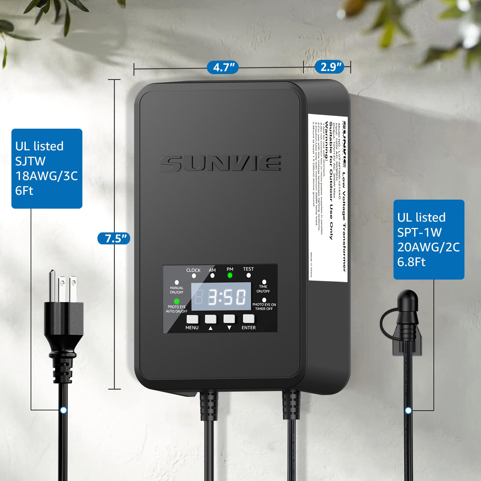 SUNVIE Transformateur basse tension 120 W pour éclairage paysager extérieur avec minuterie et capteur de cellule photoélectrique étanche 120 V à 12 V/14 V AC basse tension transformateur de paysage