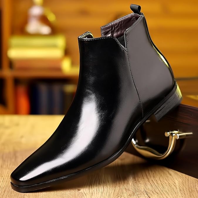 Santimon Men's Leather Chelsea Boots, Slip-On Pointed Toe Ankle Boot for Casual & Formal