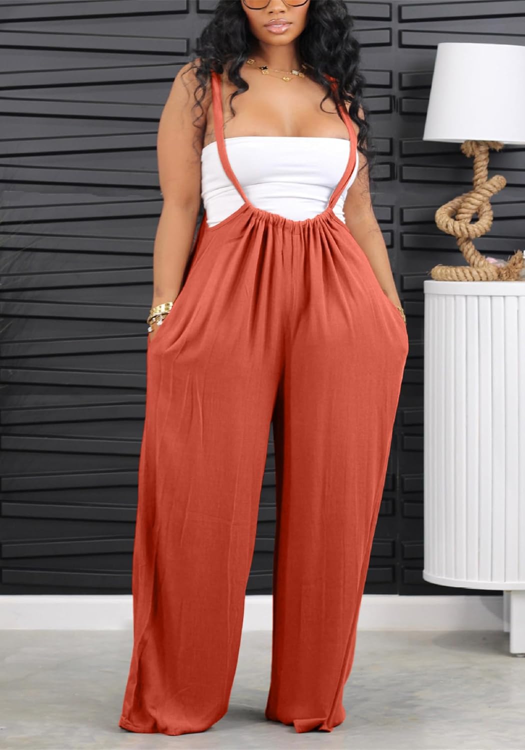 YOOTIKO Womens Suspender Overalls Loose Fit High Waisted Tie Back Wide Leg Pants Casual Jumpsuit Romper - Image 2