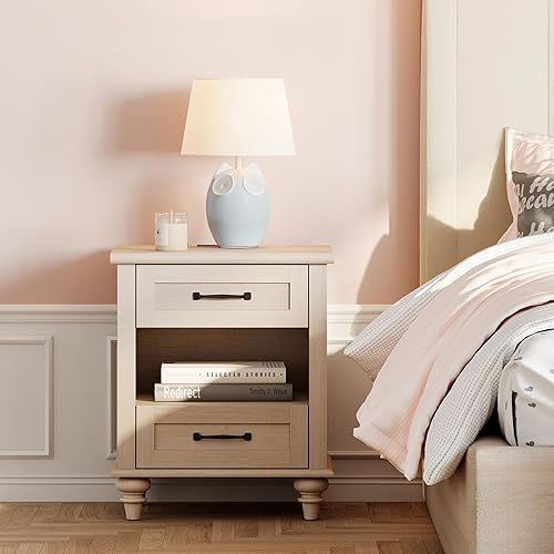 Miniatura 35 de WAMPAT Mesita de noche de ratán con estación de carga, mesa auxiliar de madera clara con 2 cajones para sala de estar, mesita de noche rústica para