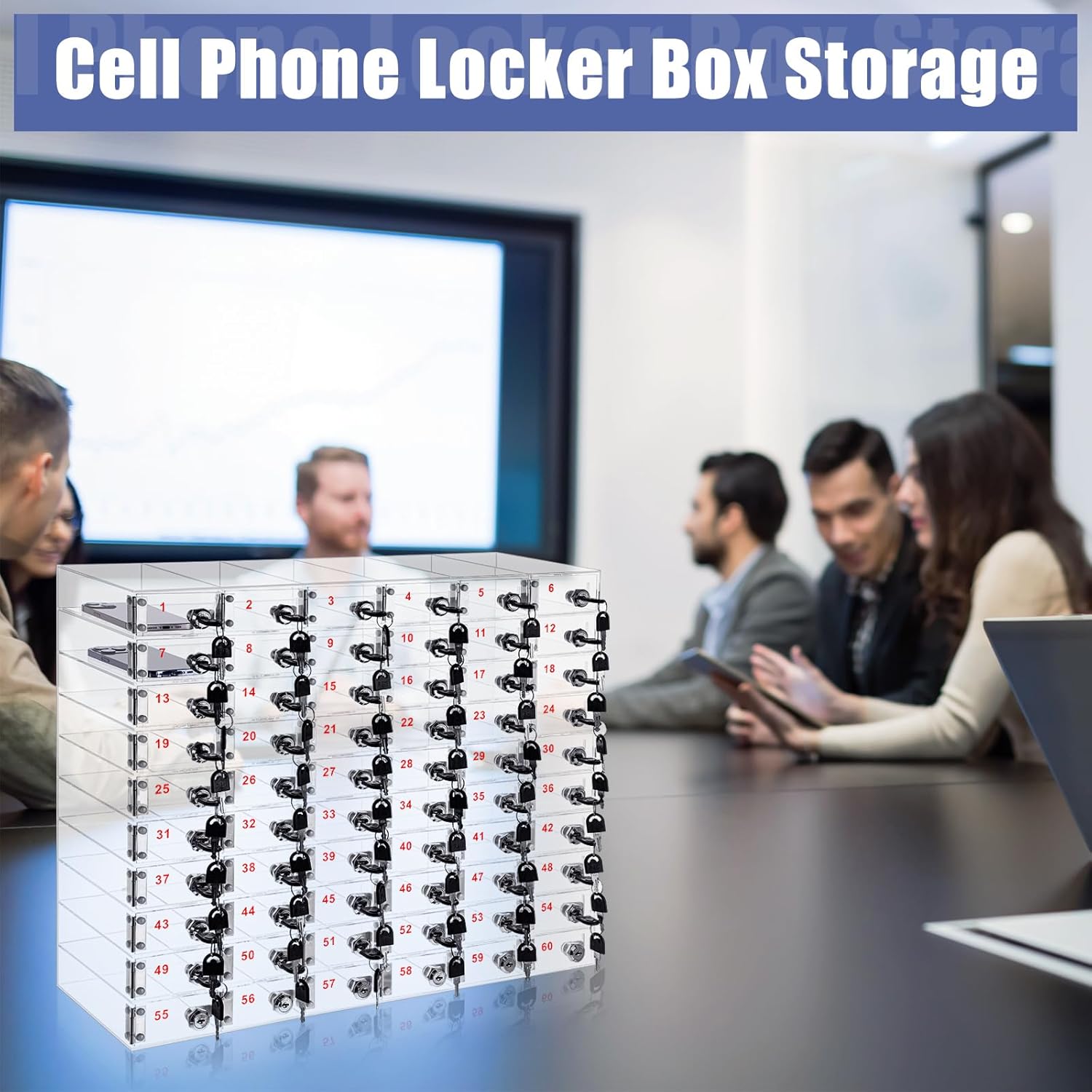 Layhit 60 Slots Cell Phone Locker Box for Classroom Clear Acrylic Cell Phone Storage Cabinet Bin with Door Locks for Classroom School Students Office Factory Employees