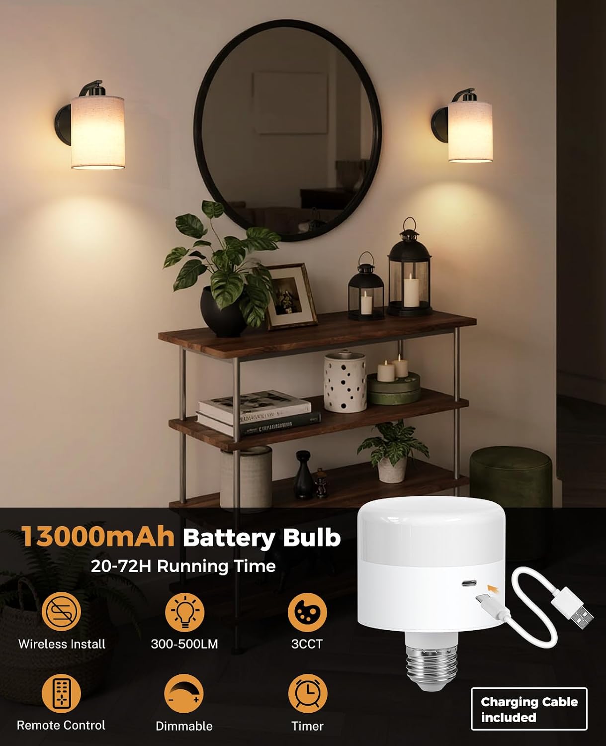 Battery Operated Wall Sconce, Rechargeable Sconces Set of 2 with 13000mAh Bulb, Cordless Wall Sconces with Remote, Battery Powered Wall Lamp/Lights for Bedroom Living Room, Black