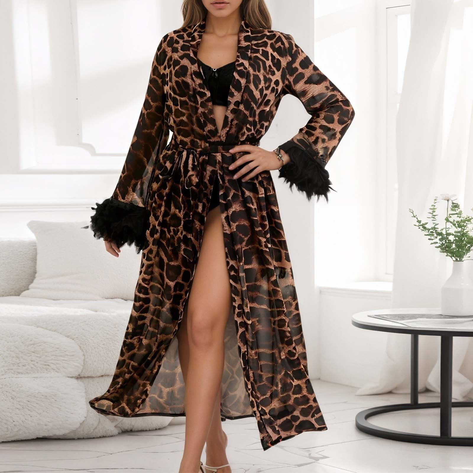 Robe de chambre sexy pour femme - Robe longue léopard avec plumes - Robe kimono en tulle - Grandes tailles - Lingerie sexy - Vêtement de nuit Curvy - Nuisette - Avec ceinture