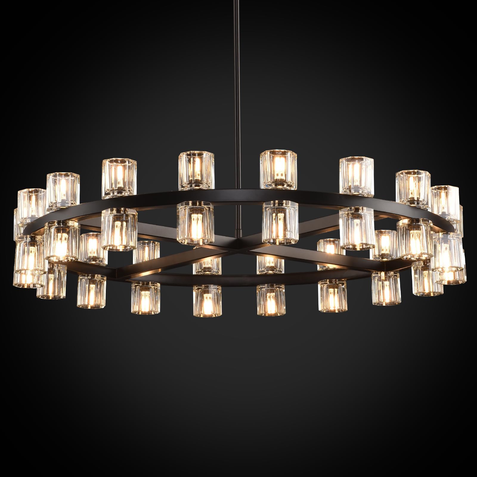 Knurldon Modern 36" Black Round Chandelier, Crystal Chandeliers for DiningRoom, Living Room ...