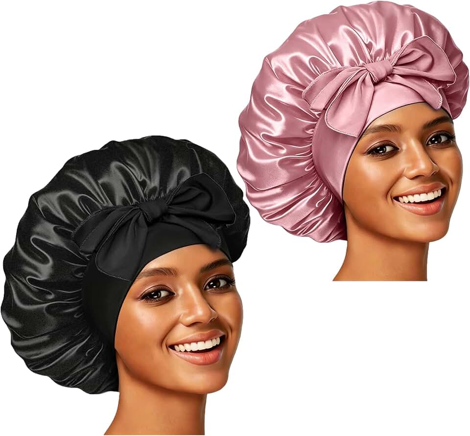 2PCS Silk Bonnet for Women, Satin Bonnet for Sleeping, Large Sleep Cap with Elastic Tie Band for Curly Hair (Bean Paste Pink+Black)