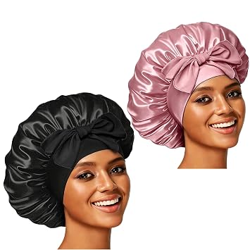 2PCS Silk Bonnet for Women, Satin Bonnet for Sleeping, Large Sleep Cap with Elastic Tie Band for Curly Hair Bean Paste Pink+Black