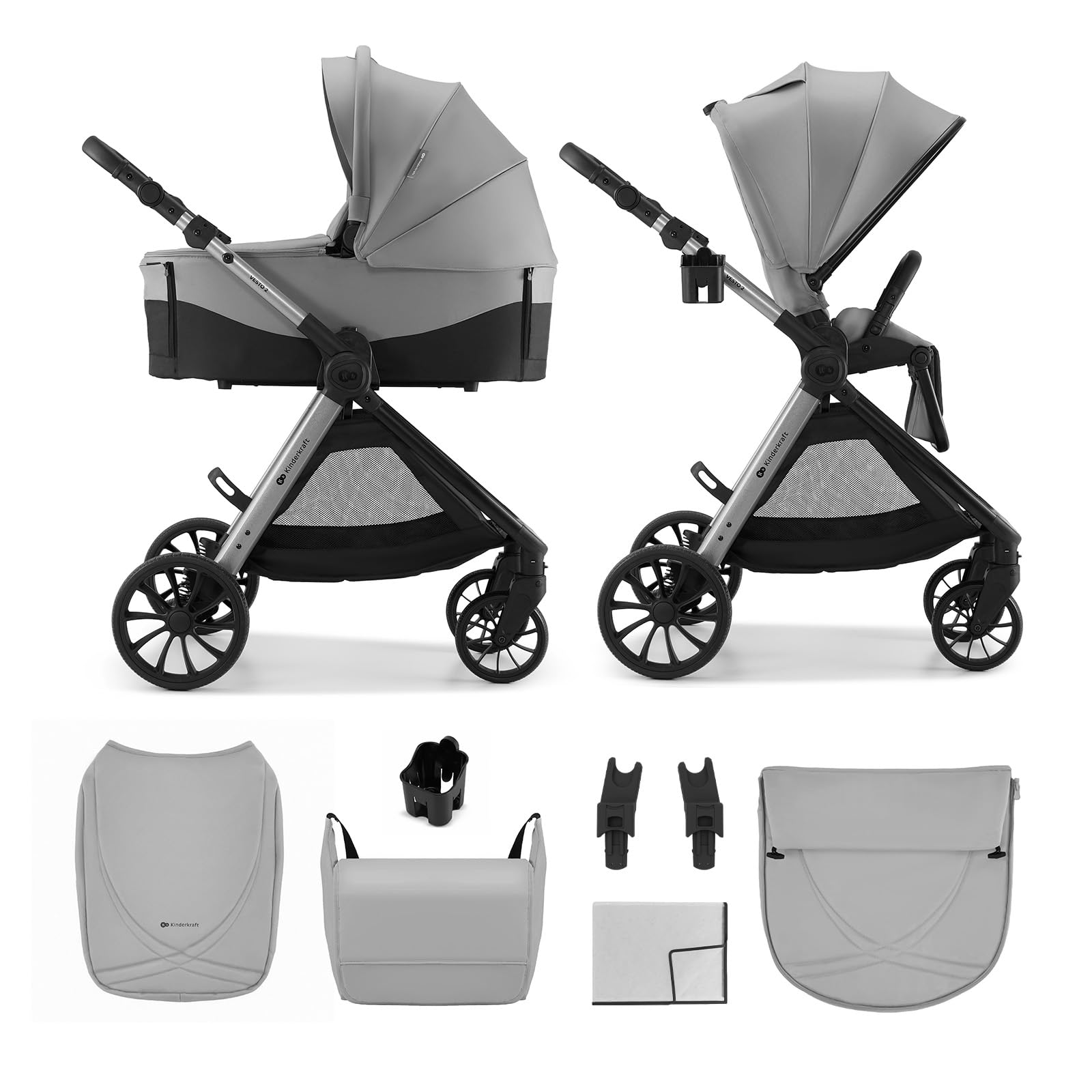 Kinderkraft VESTO 2 Kombikinderwagen 2-in-1, Buggy & Babywanne, ab Geburt bis 22 kg, beidseitige Sitzeinheit, faltbar self-standing, Federung, Travel System, Grau