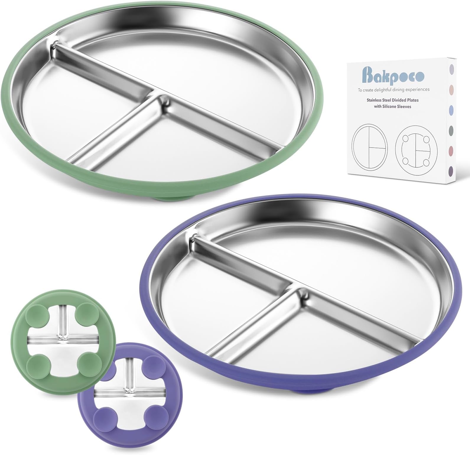 Bakpoco Stainless Steel Toddler Plate with Suction, 9” Divided Plates with Removable Silicone Sleeves for Baby, Non Toxic & BPA Free | Non Slip | Unbreakable Kids Snack Dishes Set of 2, Green & Purple