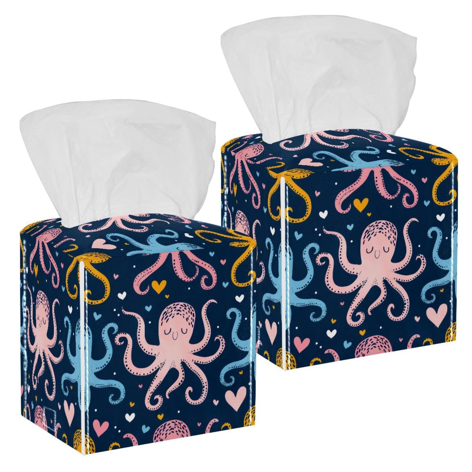 Cartoon Octopus Tissue Box Cover, 2 Pack PU Leather Square Facial Tissue Dispenser Box holder for Home Office Car