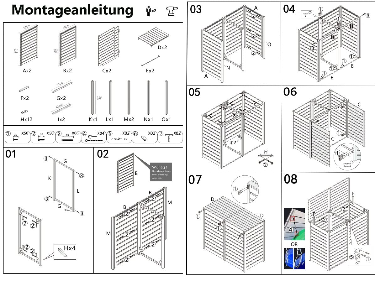 Mülltonnenbox Mülltonnenverkleidung 2 Tonnen Holz naturbelassen 240L Rückwand vormontiert Müllcontainer Mülltonne Mod.H
