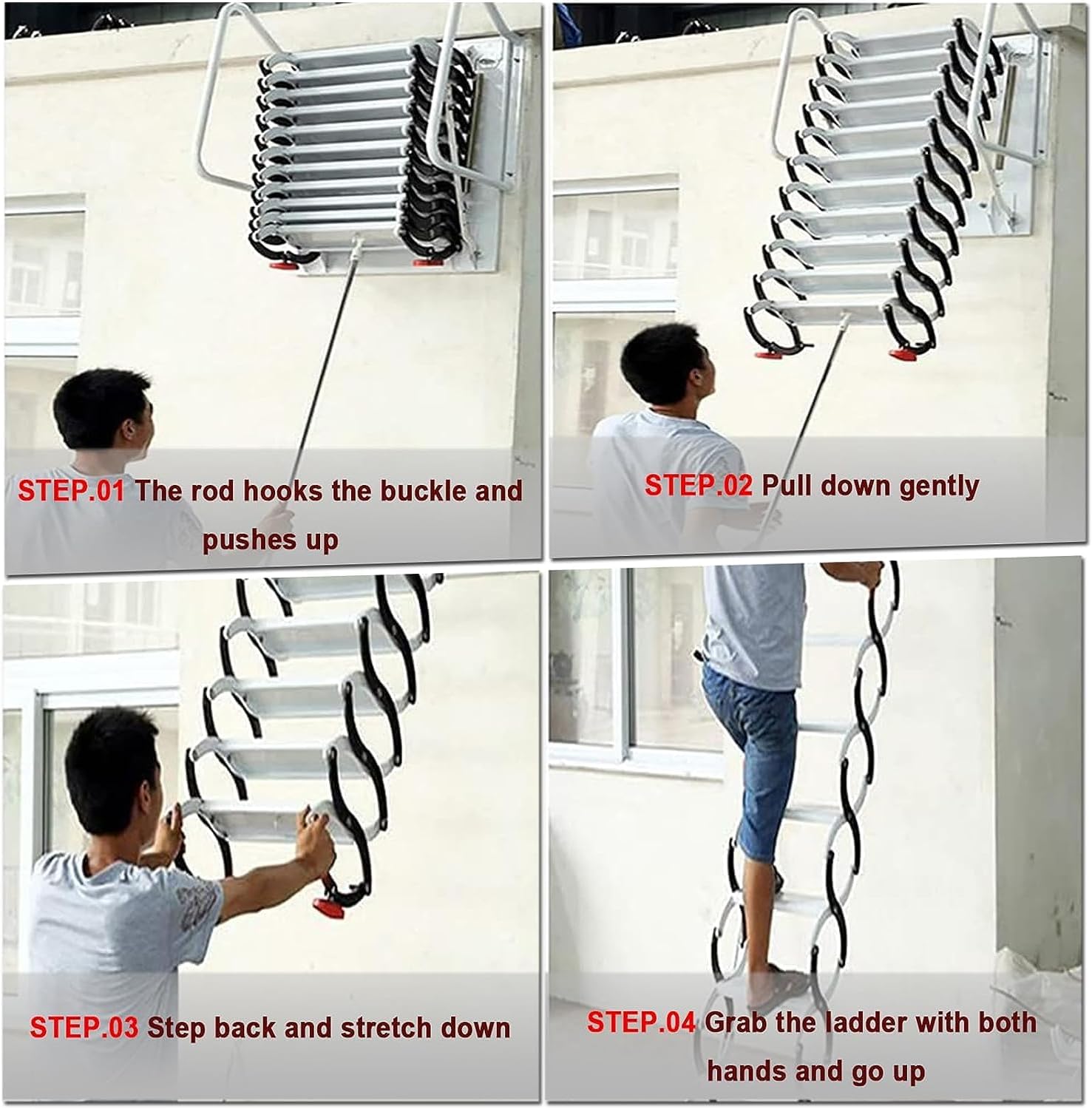 Wall-Mounted Loft Ladder - Ti-Mg Alloy Pull Down Attic Stairs, Heavy Duty 661-881LB Load, Anti-Slip Steps, Space-Saving Folding Extension Ladder for Home