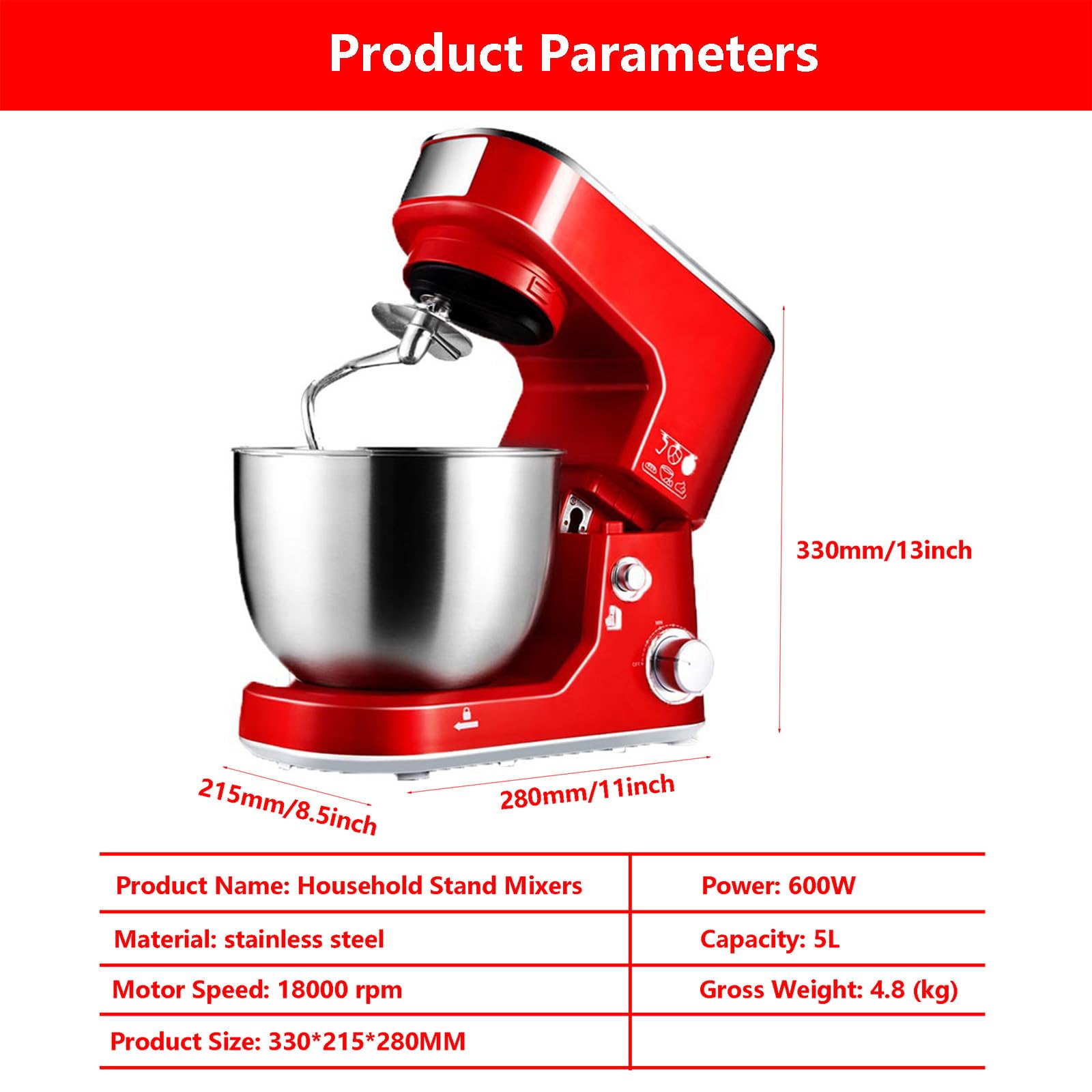 Impastatrice Elettrica da 600W / Impastatrice per Farina con Regolazione A 3 velocità/Robot da Cucina, capacità 5 L, Impastatrice per Farina Professionale per Uso Commerciale,Black