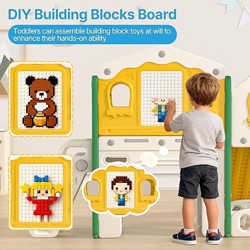 Miniatura 4 de BIERUM Juego de toboganes 9 en 1 para niños pequeños de 1 a 3 años con tira de luces, tablero de dibujo y tabla de bloques de construcción, para