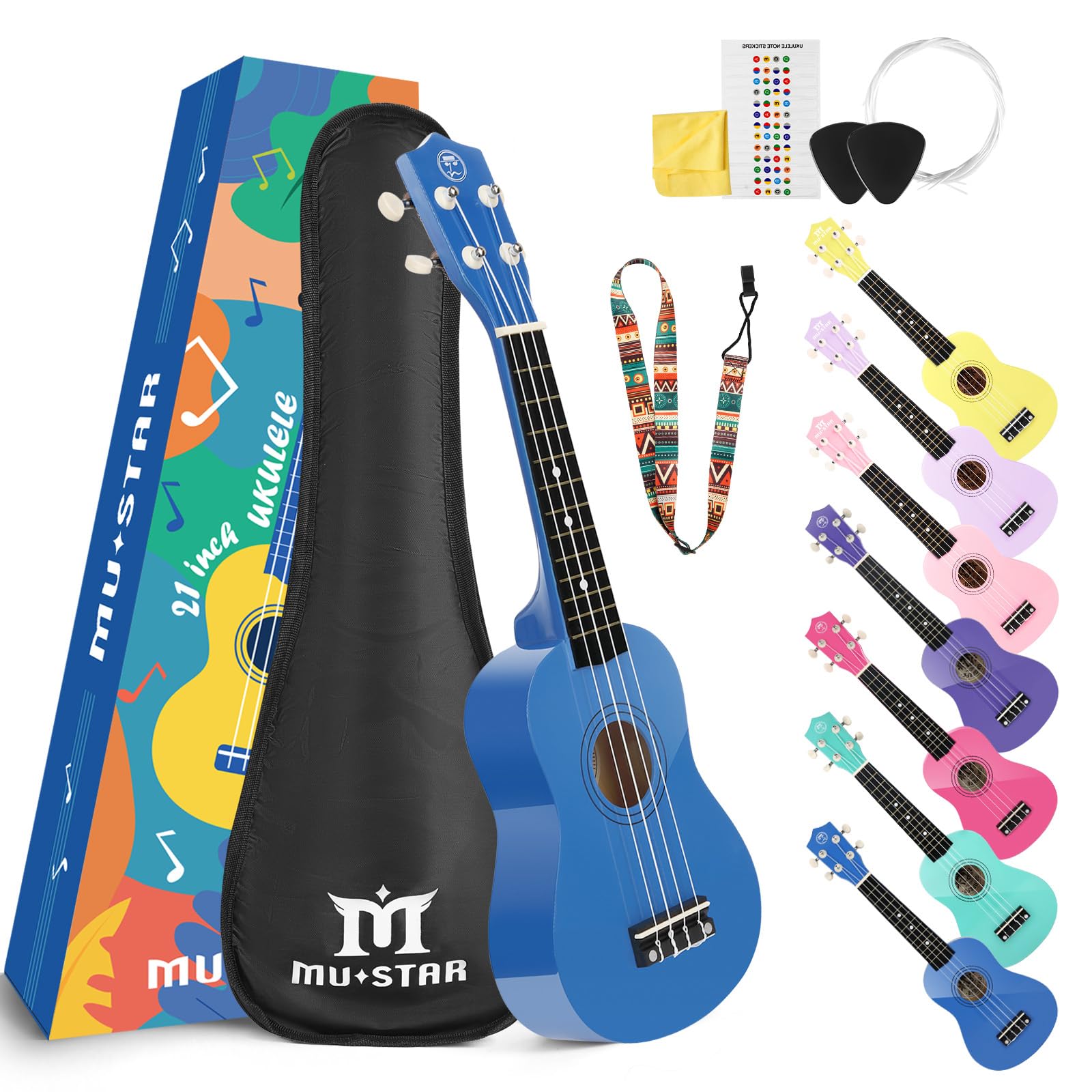 MUSTAR 21 Inch Soprano Basswood Blue Ukulele Set for Beginners