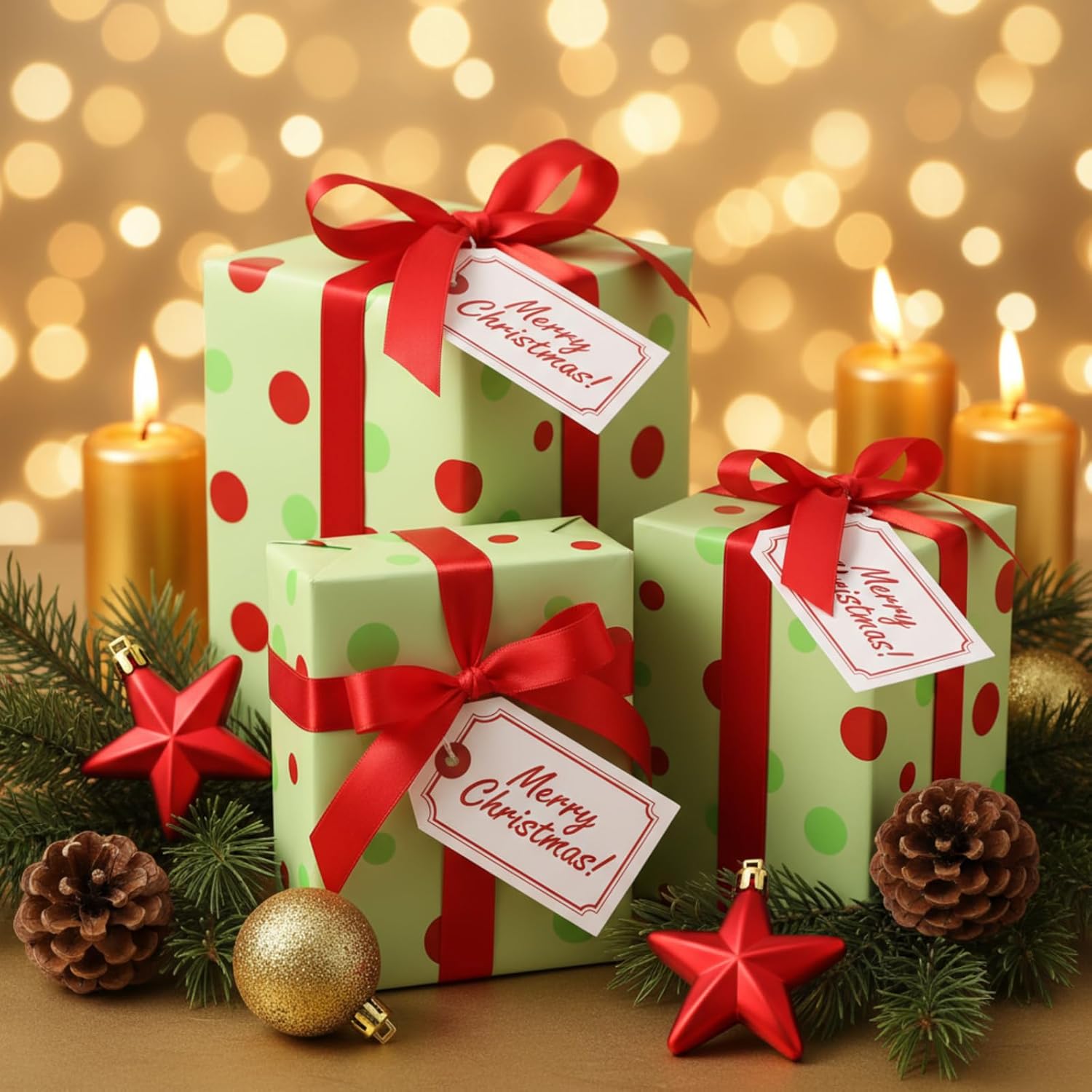 Feifeiya Christmas Gift Wrapping Paper Roll, 2 Pcs 17.5'' x 33' Wrapping Paper Roll, with 1'' x 25 yd Stain Ribbon(Polka Dot,Red and Green)