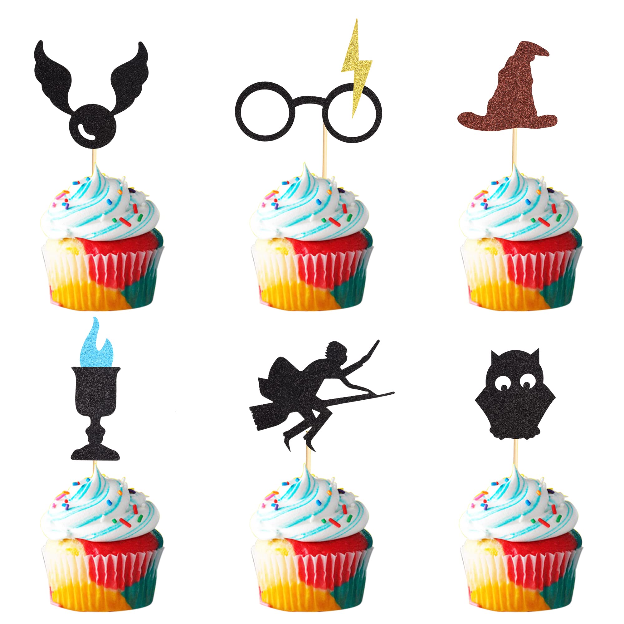 Arthsdite 24Pcs Magical Wizard Cupcake Toppers Harry P Inspired Cupcake Picks HP Theme Baby Shower Kids Birthday Party Cake Decoration Supplies