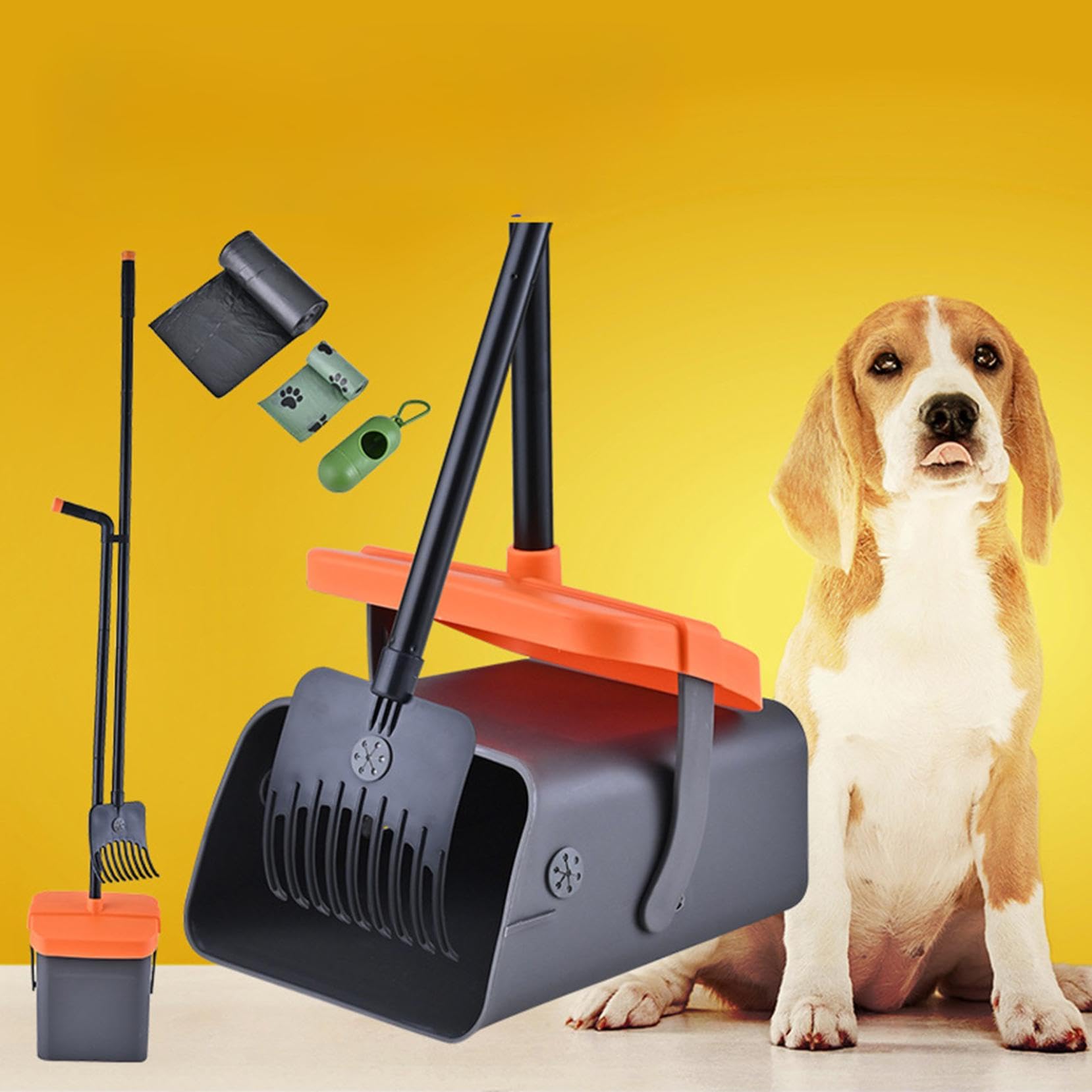 Set per escrementi di cani, paletta girevole e rastrello con 35 sacchetti per escrementi di cani, manico di lunghezza 100 cm, secchio girevole per cani di taglia media