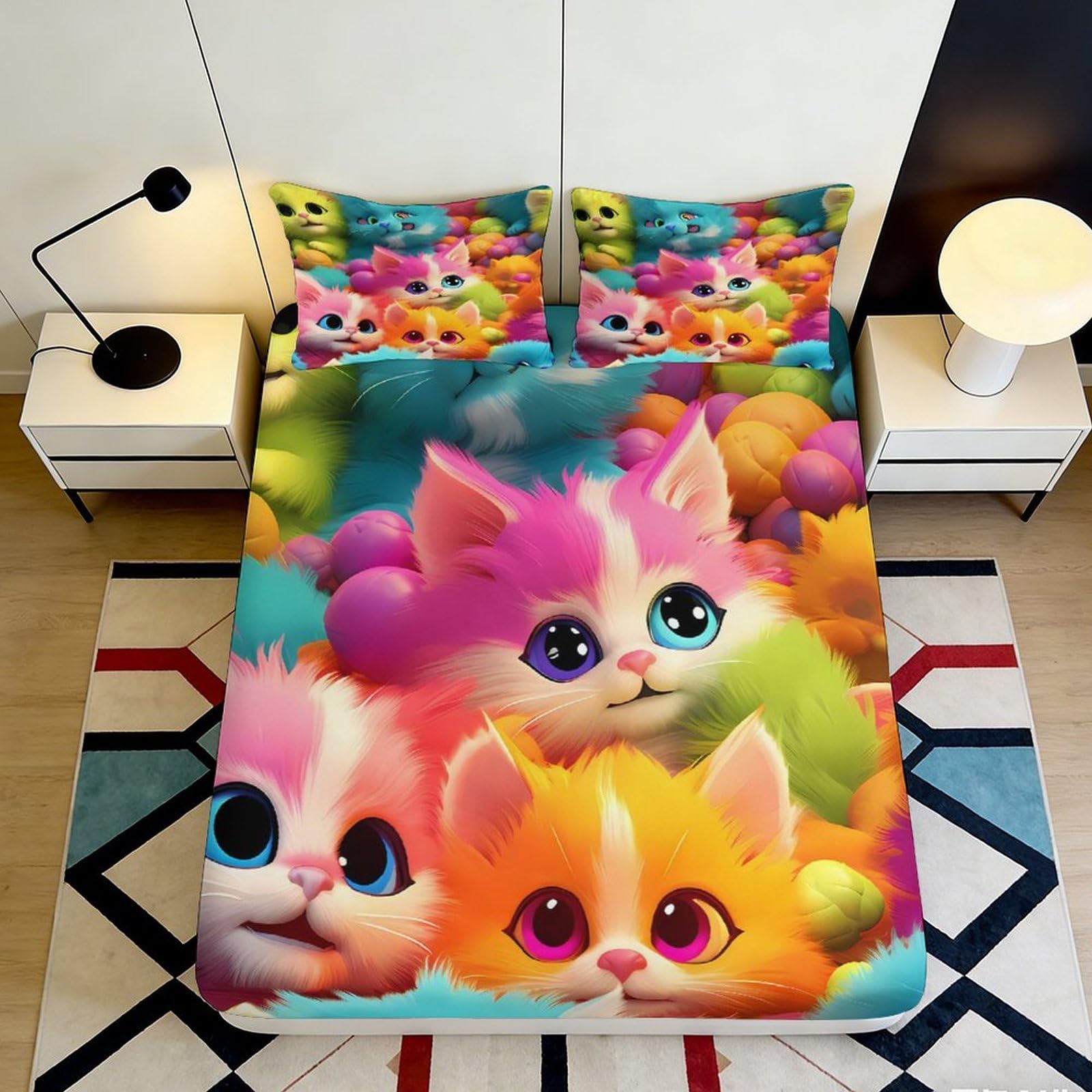 3D Printed Colorful Cartoon Cat Fitted Sheet Microfiber Soft Mattress Cover for Bedroom Guest Room Decor 90x200x25cm