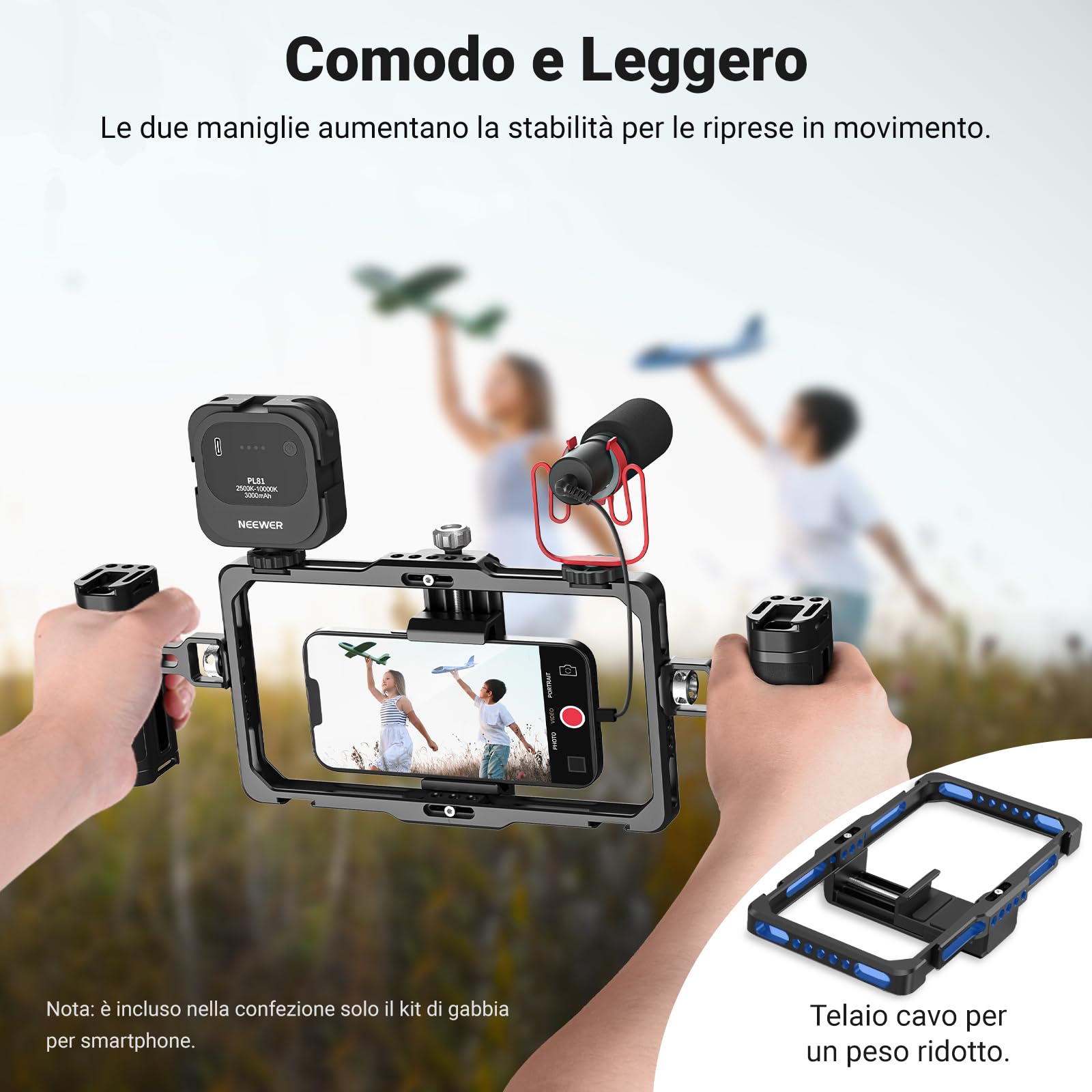 NEEWER Kit Vlogging Rig Telefono Aggiornato, Stabilizzatore Video con Doppia Maniglia, Slot per Clip Mic per Tiktok/YouTube, Compatibile con SmallRig iPhone 16 15 14 13 Pro Max Galaxy S23, PA009