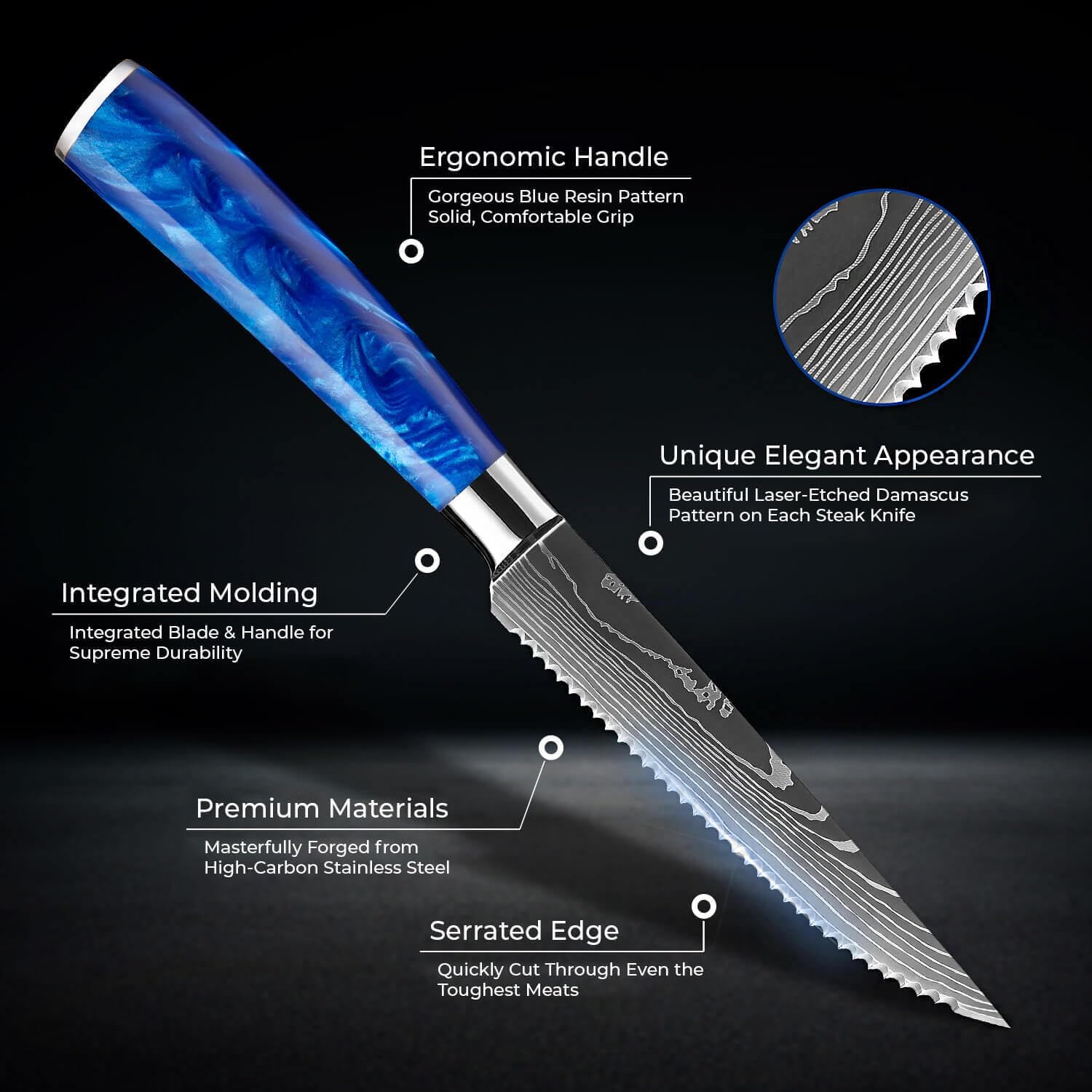 SENKEN Professional Steak Knife Set with Engraved Damascus Pattern, Razor Sharp Blade, High Carbon Stainless Steel with Beautiful Gift Box, Blue & Red Resin Handles - Image 5