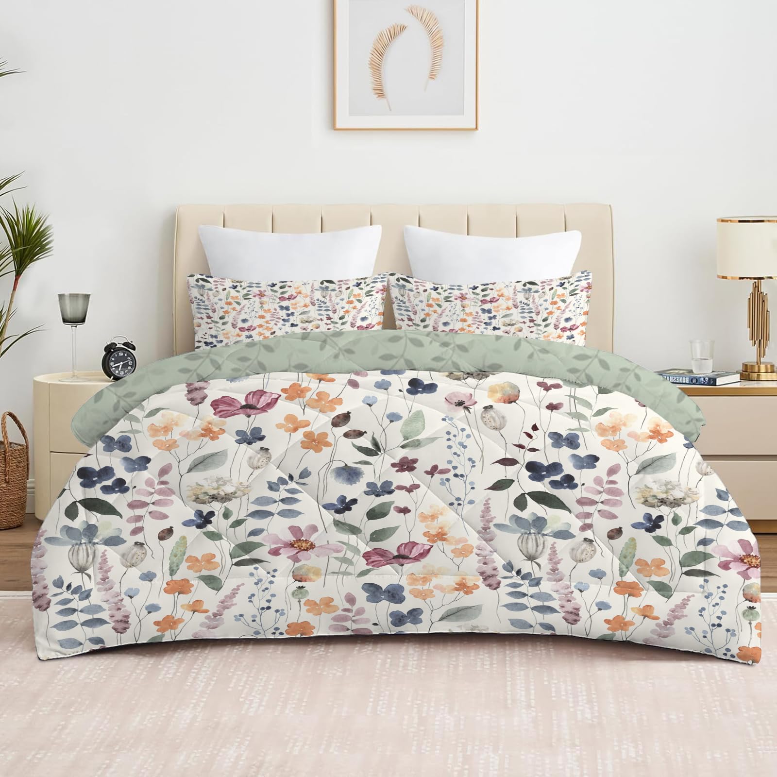 Bettdecke 135x200 4 Jahreszeiten, Beige Blume Vierjahreszeiten Steppdecke 135x200, Warme Ganzjahresdecke Salbeigrüne Pflanzen Bettdecke ohne Bezug Waschbar Schlafdecke mit 2 Kissenbezug 80x80cm