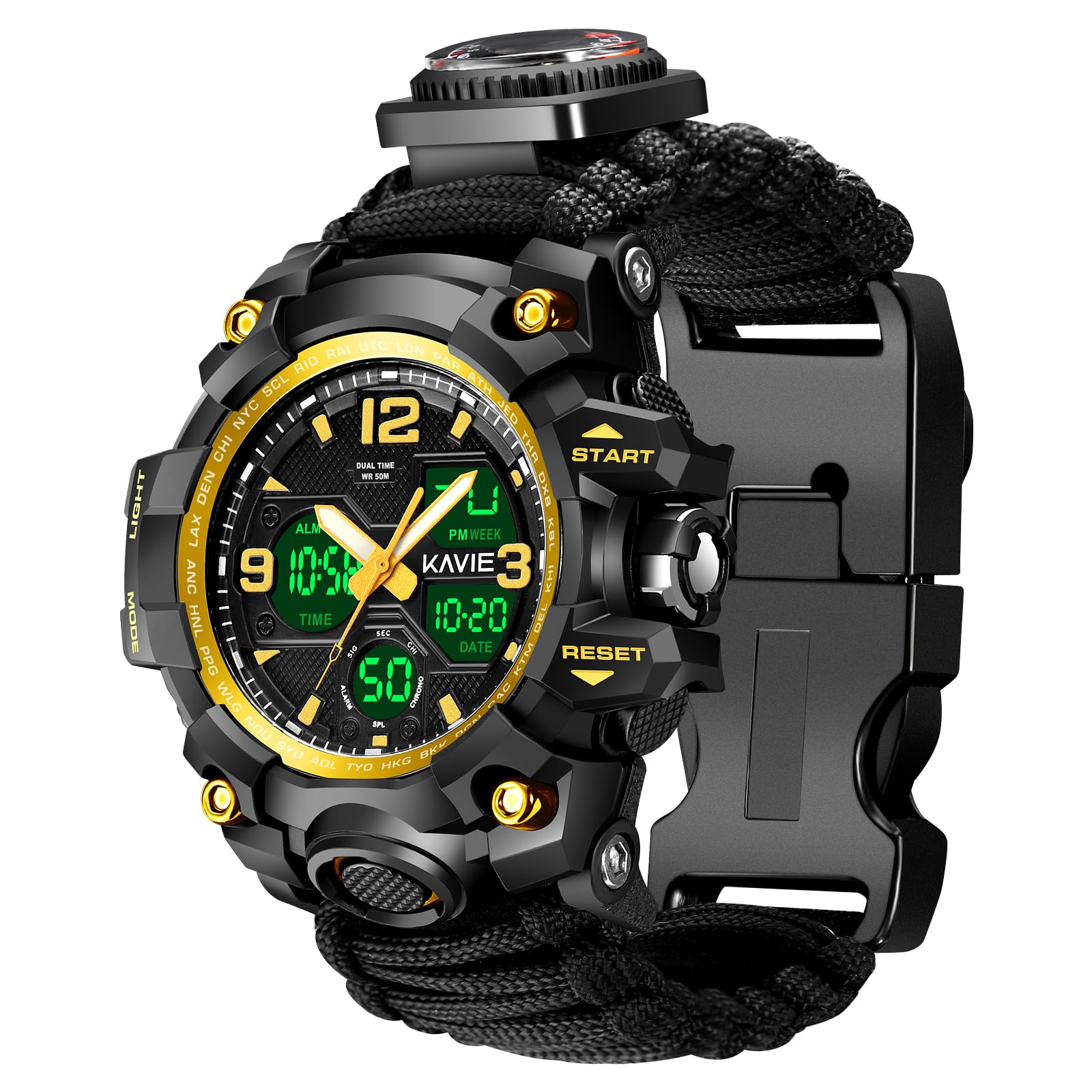 23-in-1 Survival Military Digital Watch, Mens Tactical Multi-Functional and Adjustable Wristband Outdoors Waterproof Sports Watches with Compass Paracord Band, Gold, Modern
