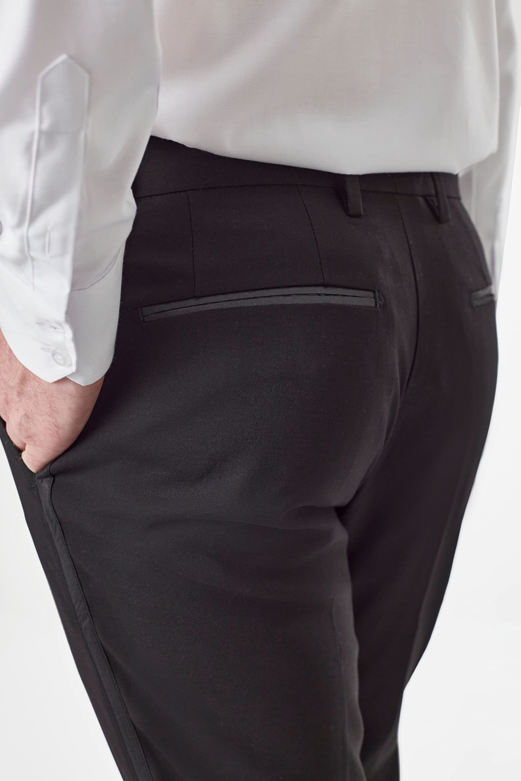 Xposed Pantalones de Esmoquin Negros para Hombre con Cinta de Raso Pantalones de Vestir de Frente Plano entallados