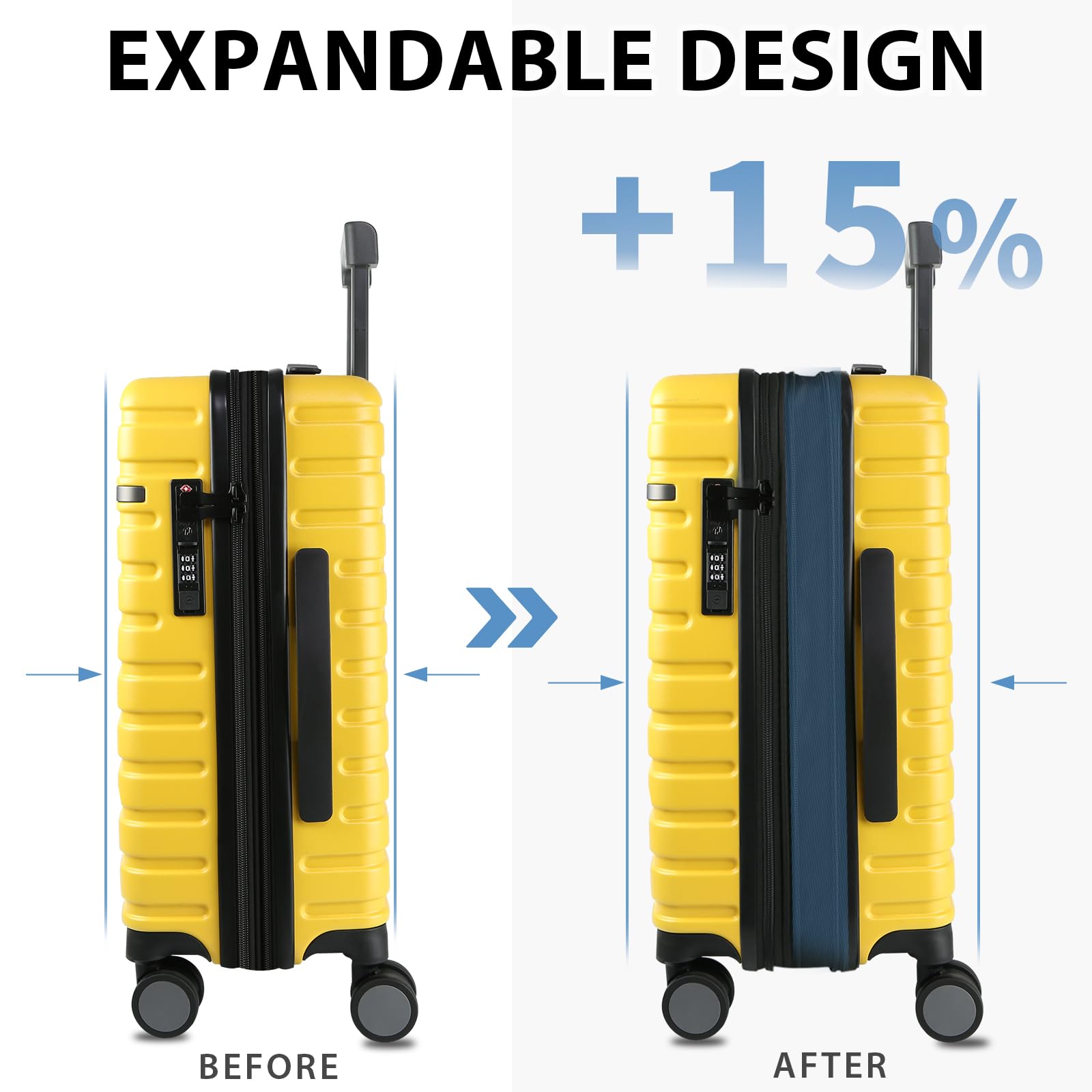 EMPSIGN Valigia Cabina 20" Rigida PC Espandibile, Bagaglio a Mano Leggero | giallo, lucchetto tsa, ruote 360° silenziose, apertura superiore, spazio extra 5 cm, resistente, per viaggio e lavoro