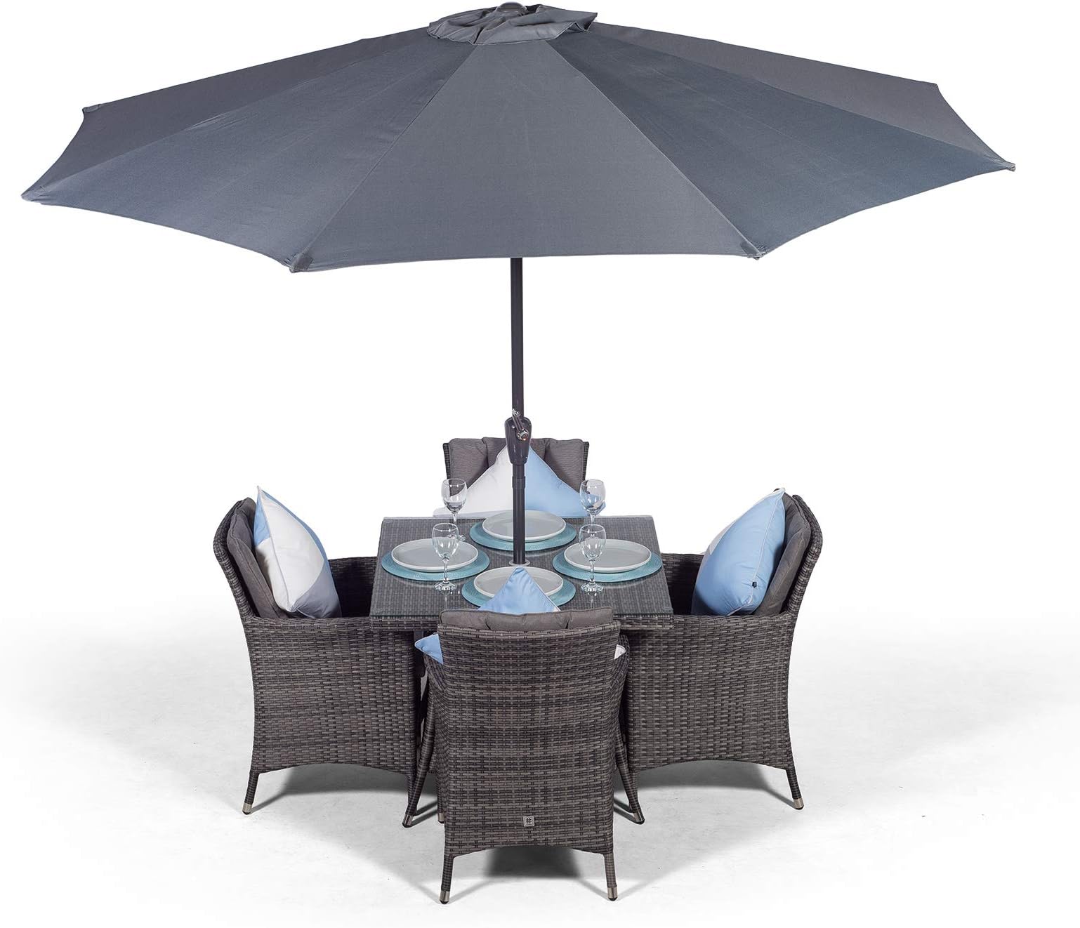 Savannah Rattan Dining Set | Luxury Square 4 Seater Grey Rattan Dining Set | Outdoor Poly Rattan Garden Table & Chairs Set | Wicker Garden Dining Set with Parasol & Cover