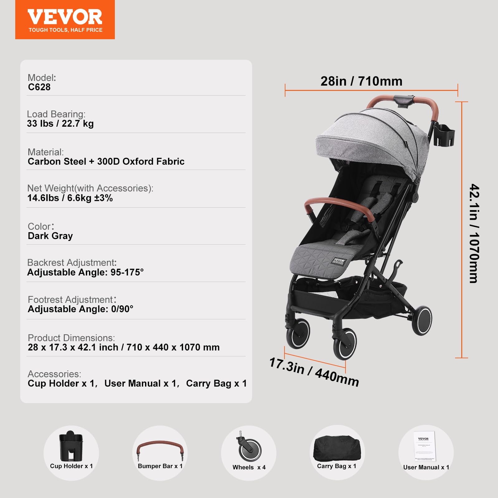 VEVOR Poussette standard pour bébé, poussette pour tout-petit avec dossier réglable 95° à 175° repose-pieds réglable 0/90° pliable en un clic porte-gobelet sac de transport pour nouveau-né, gris foncé