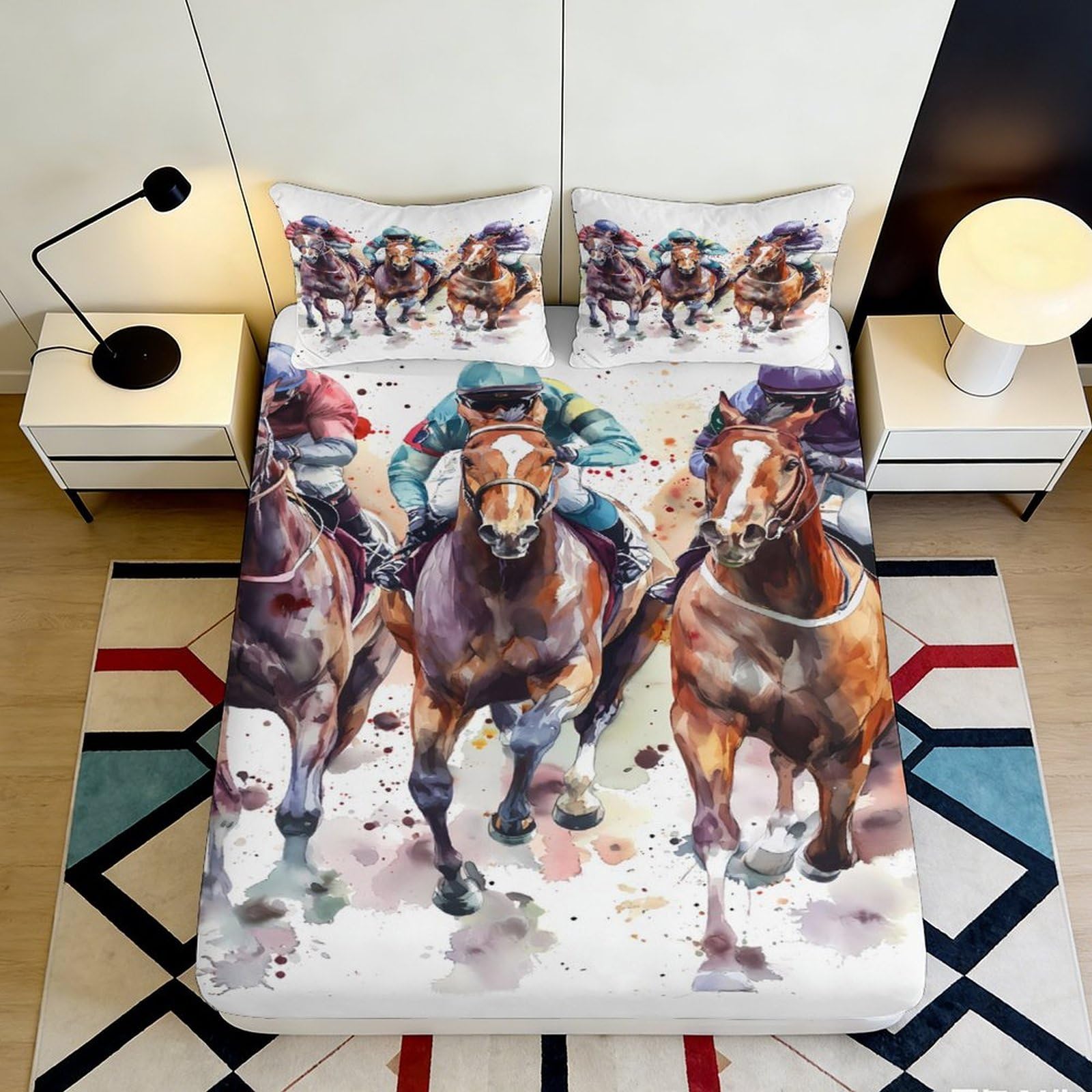 3D Printed Horse Racing Fitted Sheet Microfiber Soft Breathable Equestrian Design Bed Cover for Bedroom Dormitory Guest Room Mattress Protection Decor 120x200x25cm