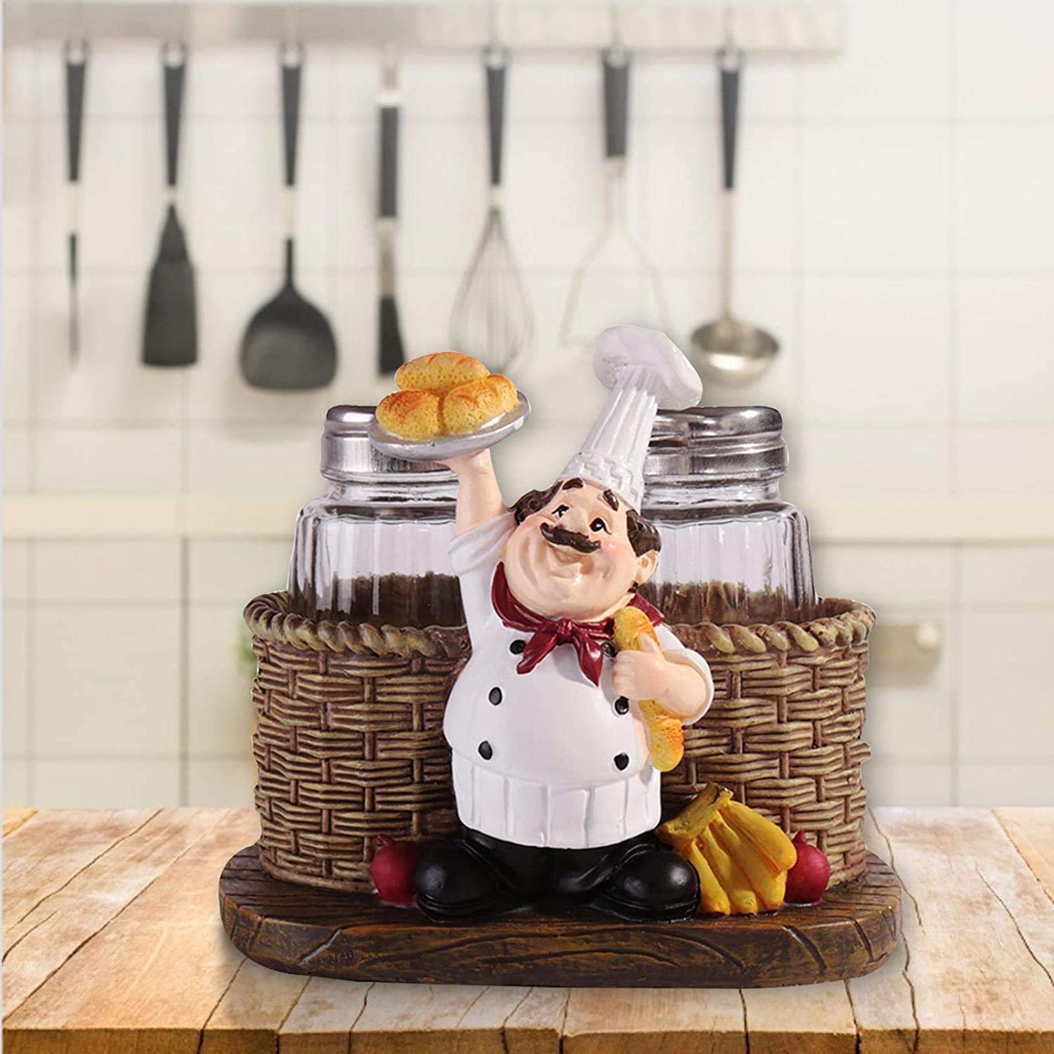 Juego de salero y pimentero, organizador de especias decorativo de chef sentado, tarros de especias de cristal con soporte para la familia, cocina, restaurante, cafetería, panadería