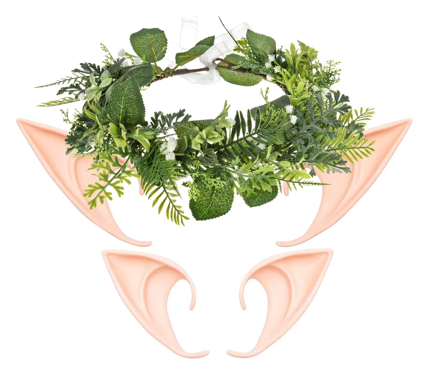 Merroyal Flower Crown Wreath Boho Greenery Leaf Crown with 2 Pairs Elf Ears Dress Up Costume Cosplay Photo Props