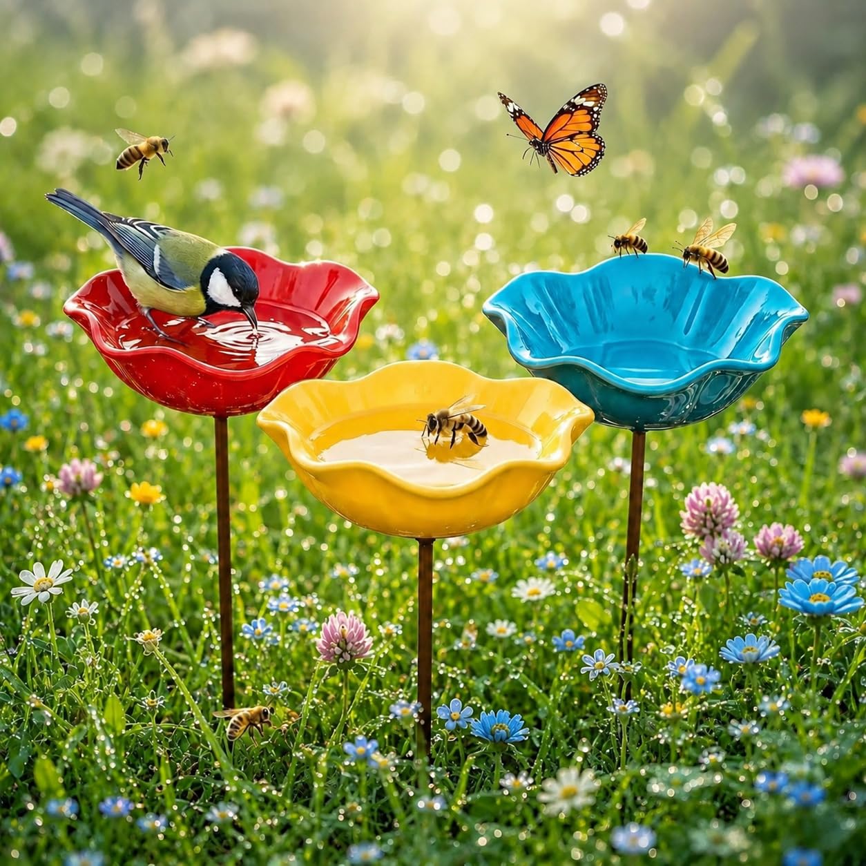 Bain d'oiseaux,Abreuvoir pour Oiseaux d'Extérieur Forme de Fleur,Mangeoire Oiseaux d'Extérieur avec Socle,pour Oiseaux et Abeilles,Piquet métallique,Alimentation et Abri pour Oisea (Rouge,Jaune,Bleu)