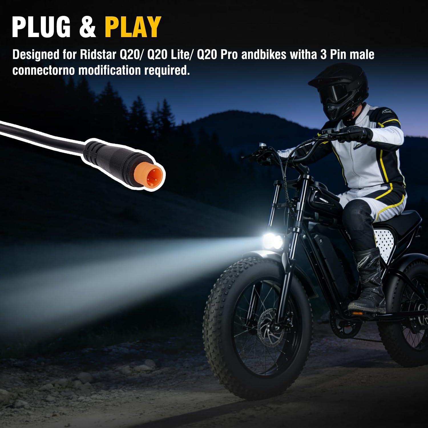20W LED E-Bike Headlight with 3-Pin Julet Waterproof Connector - Plug & Play 12-60V Wide Voltage for Ridstar Q20, Revv1, Ariel Rider (White)
