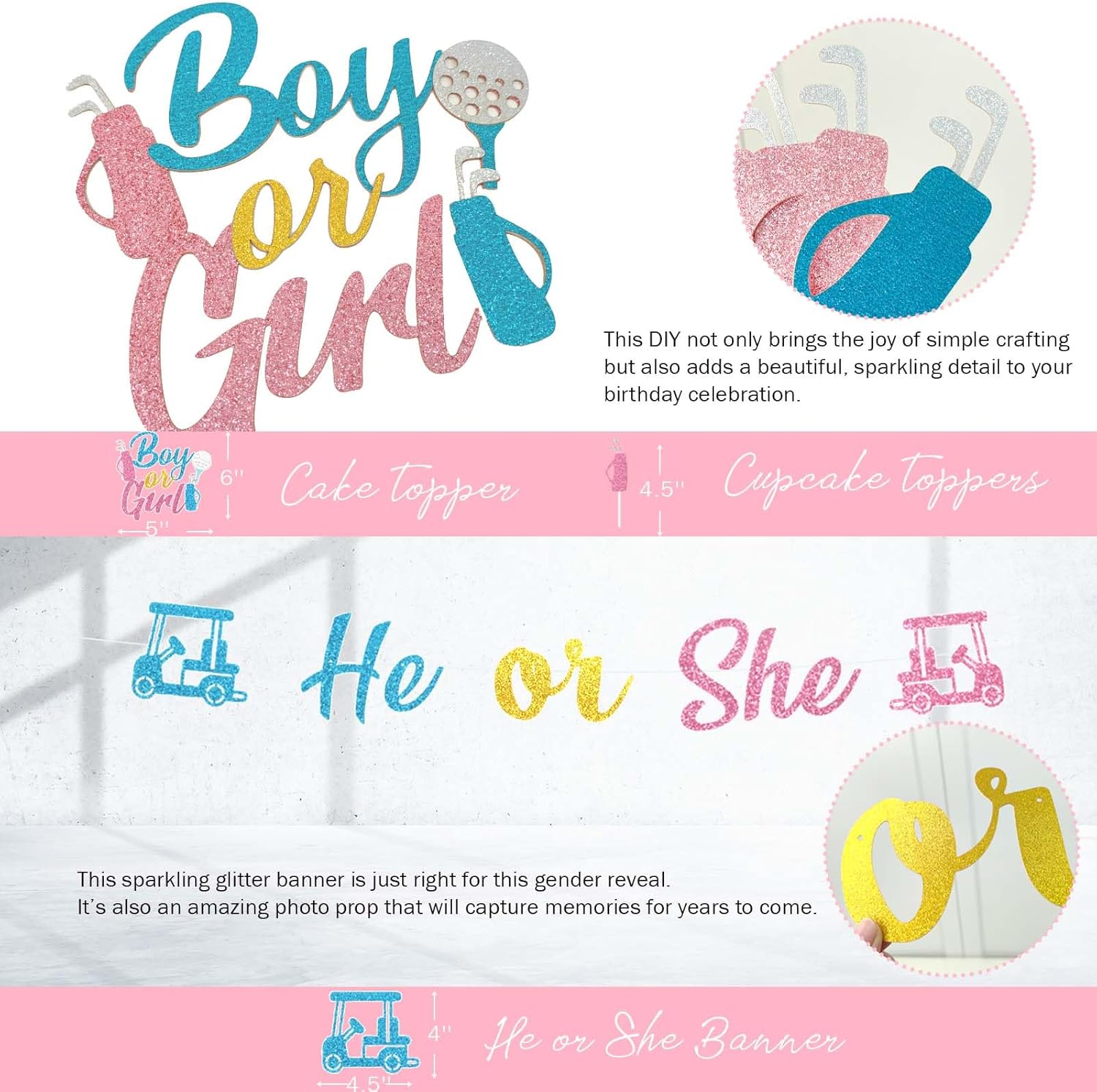 Golf Gender Reveal Decorations, Baby Boy or Girl Gender Reveal Party Decor, Golf Club Putters Backdrop Balloon Banner Tablecloth Box Sash for Caddie Be Gender Reveal Supplies