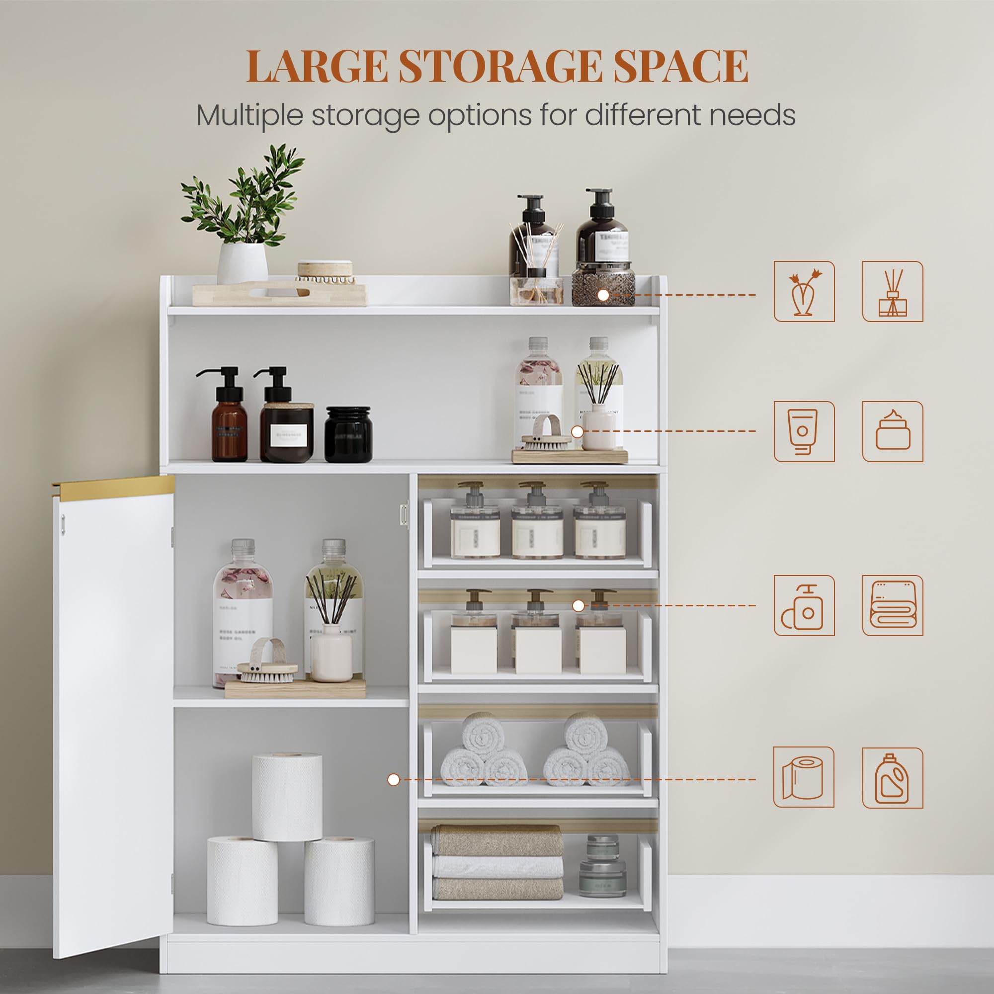 HEXCELEN Mobile da Bagno, Armadietto Autoportante, con 4 Cassetto e Ripiano Regolabile, Armadietto da Salvaspazio con Cassetto Spazioso, per Bagno, Soggiorno, Corridoio, Bianco-Oro, 30x80x110cm
