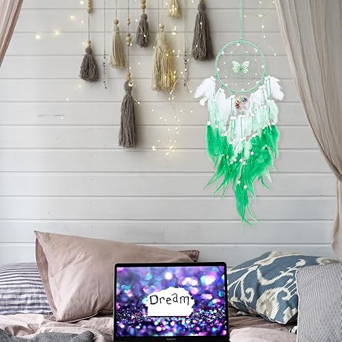 Miniatura 4 de Atrapasueños de árbol de la vida de mariposa de ensueño, decoración de pared, atrapasueños verde con piedra de cristal, atrapasueños de plumas