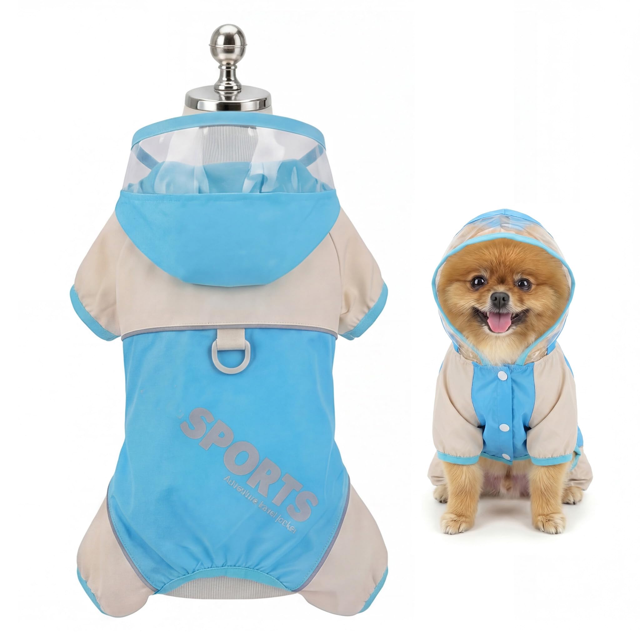 SMALLLEE_LUCKY_STORE Waterproof Dog Raincoat with Clear Hood, Reflective 4-Leg Full Body Puppy Rain Jacket with Lead Ring, Colourblock Outdoor Clothes for Small Dogs Chihuahua Yorkie, Blue L