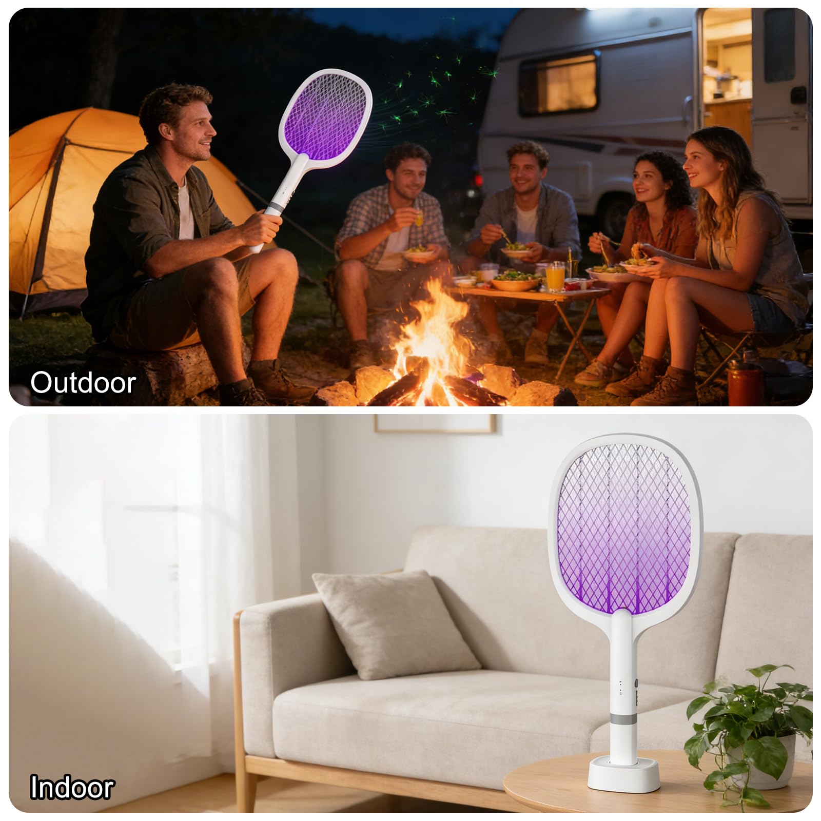 Raqueta Matamoscas Electrica, 2 en 1 5000V Raqueta Mosquitos Eléctrico con Base Recargable, 2 Modos, Protección de Malla de Tres Capas, para Uso en Interiores y al Aire Libre