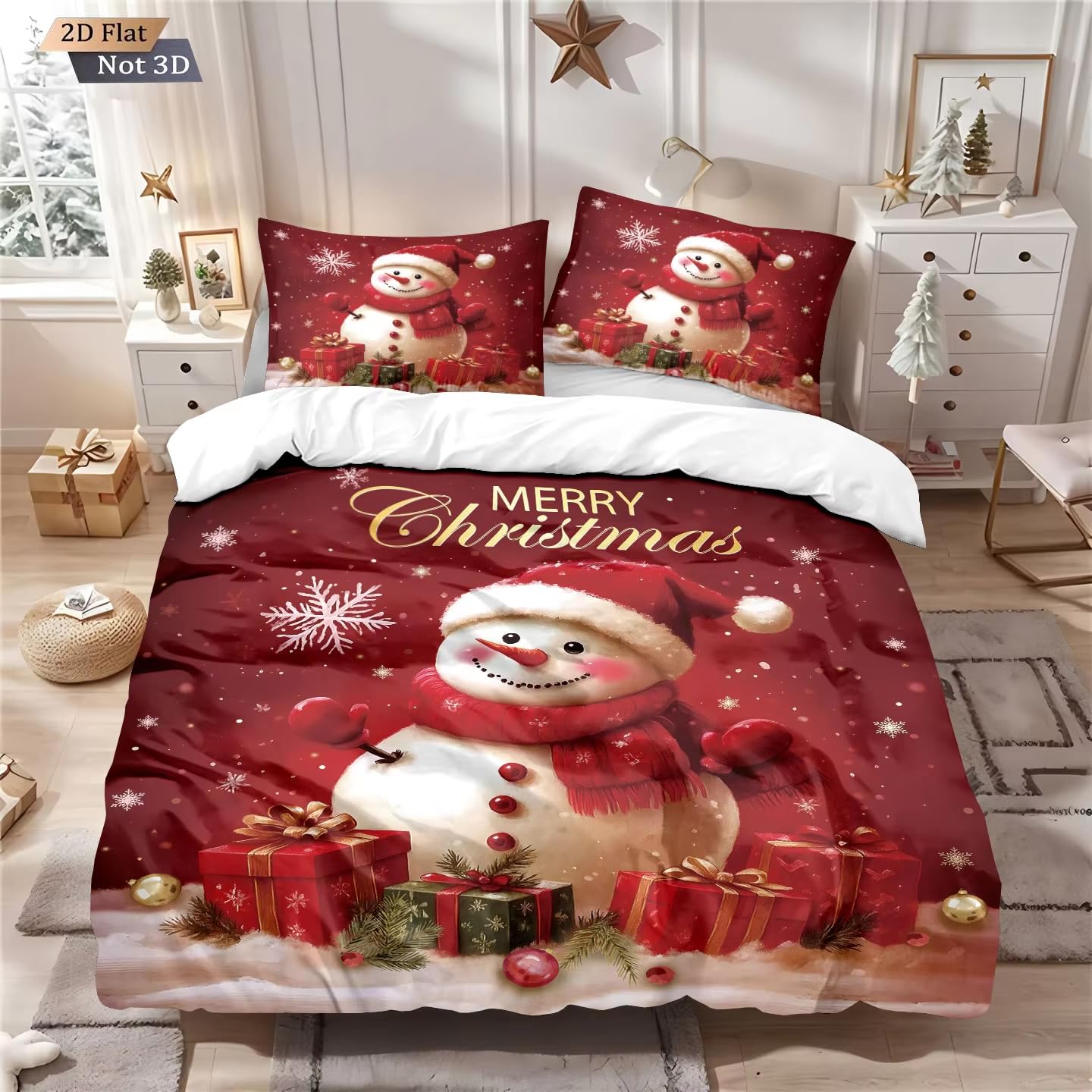 Housse de couette Noël 200x200 rouge avec bonhomme de neige pour chambre fête
