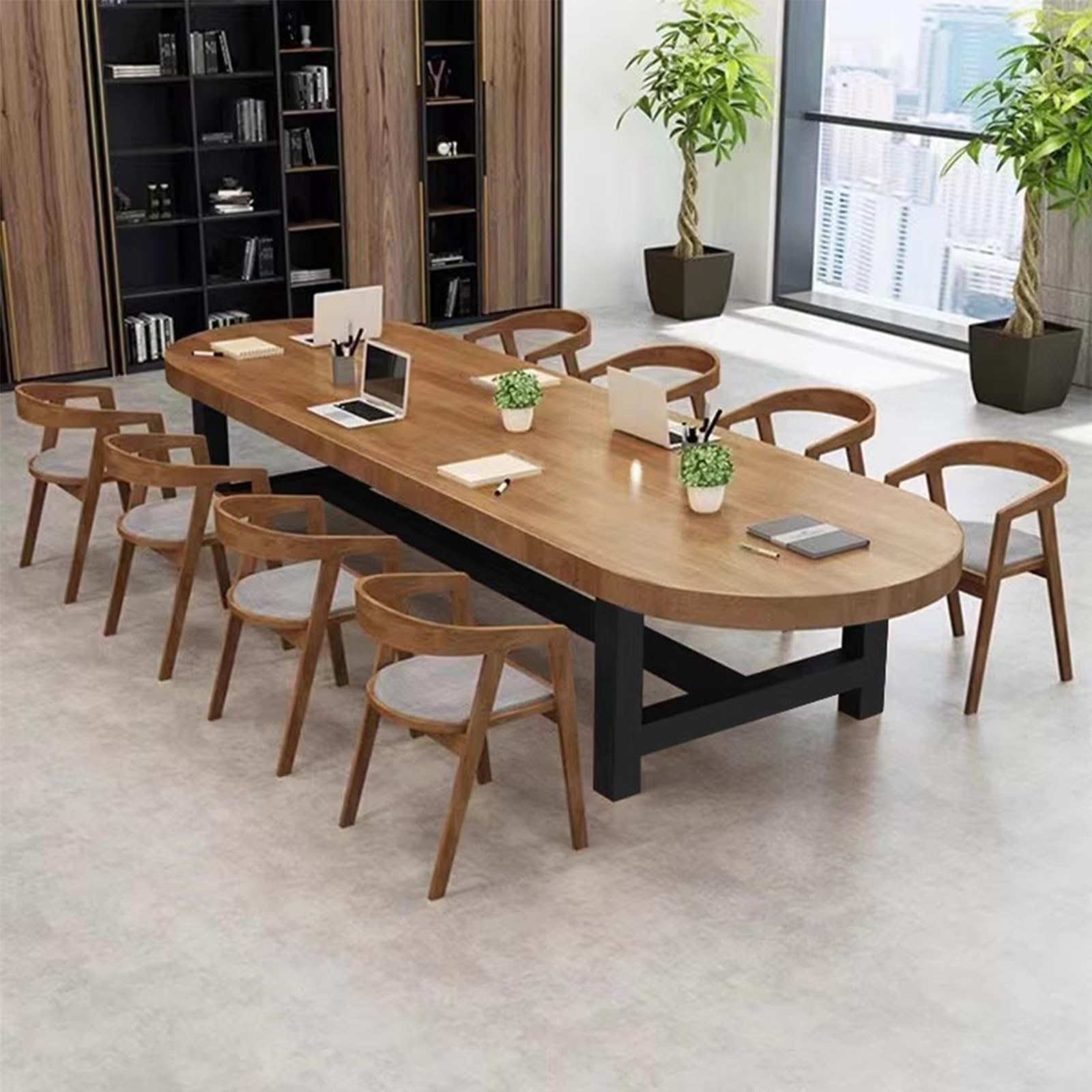 Mesa Reuniones Ovalada de Madera Maciza para 6-10 Personas, Estructura Metálica Resistente, Fácil de Montar, Diseño Compacto, Mesa Larga para Oficina en Casa/Sala de Reuniones(140x70x75cm/55x28x30in)