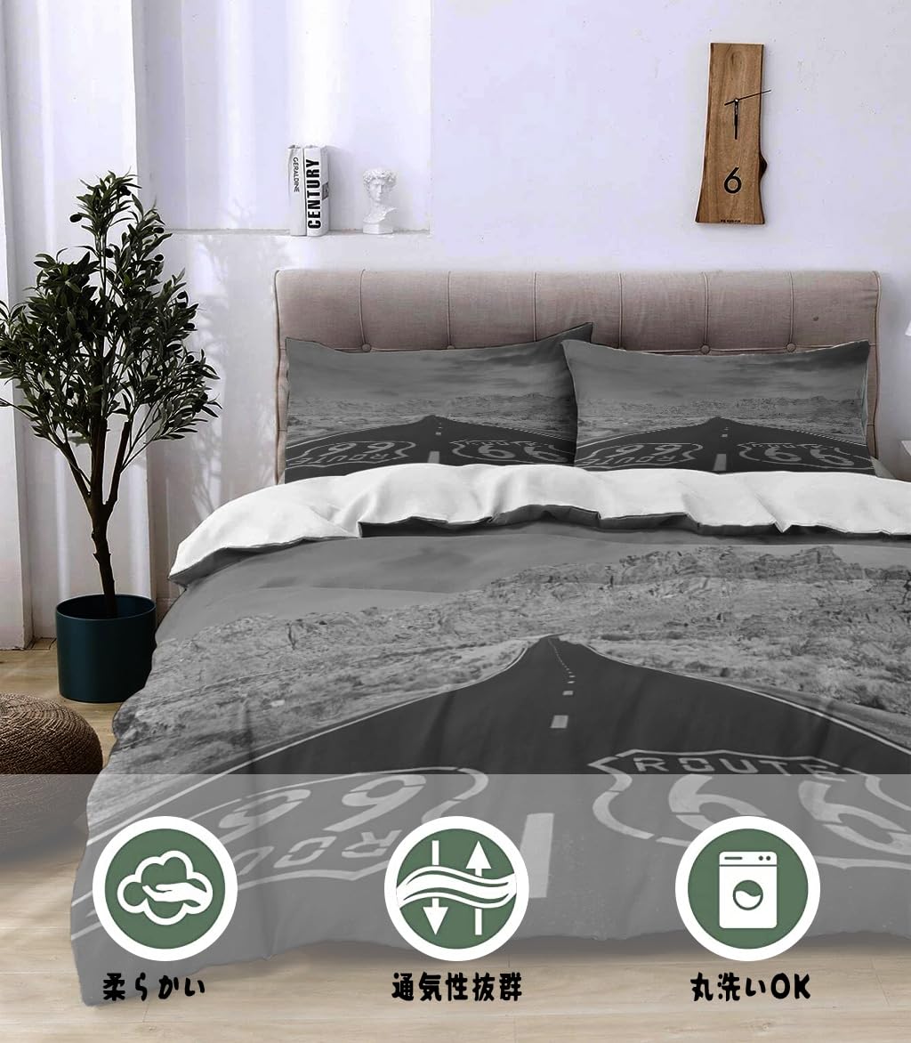 NIBAINLO 布団カバールート 66 の白黒写真 ルート 66 の山々 肌に優しい ピーチスキン加工 掛け布団カバー 和式 洋式 あったか 布団カバーセット リバーシブル ホームステイ ホテル 家庭兼用