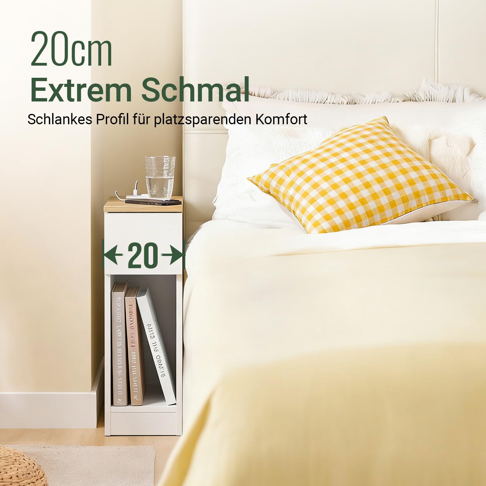 SoBuy Nachttisch 20cm mit Ladestation und Sockelleisten-Design, 20x35x60cm | Nachtschrank Beistelltisch schmal, platzsparend für Schlafzimmer, Wohnzimmer & kleine Räume, Weiß, FBT111-E-WN